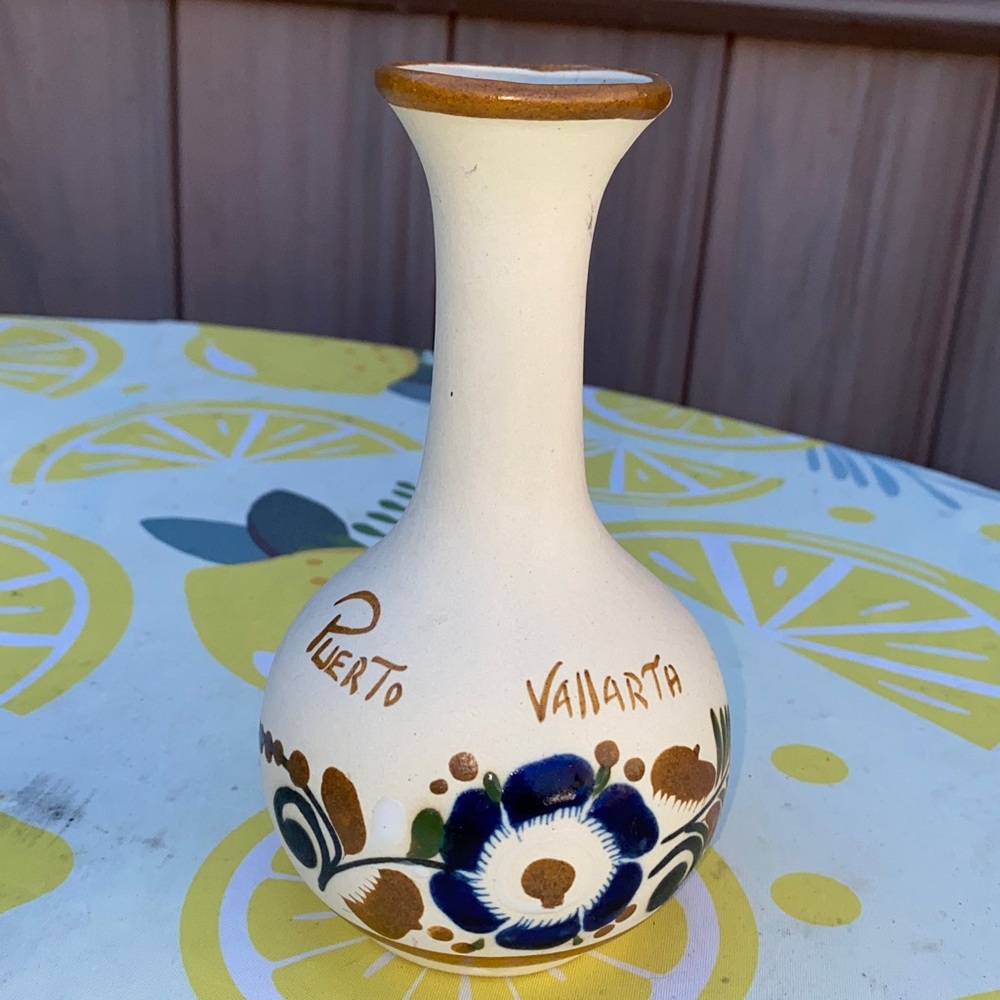 Rare Vintage Signed Tonala Bud Vase Made in Mexico Hand Painted Floral Design